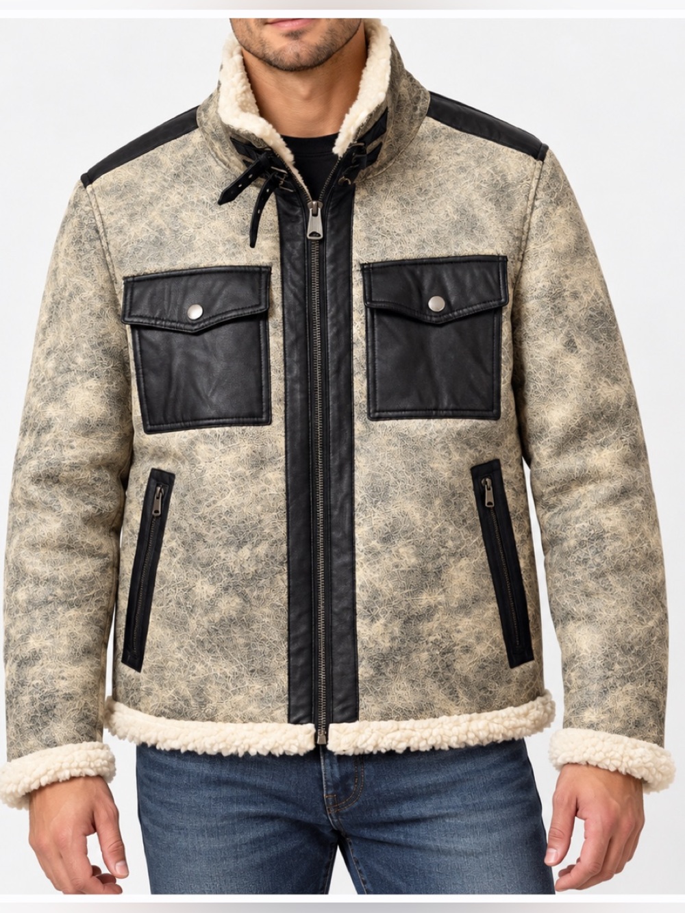 Tommy Hilfiger Men’s M Faux Leather Sherpa Lined Moto Aviator Jacket Gray Black